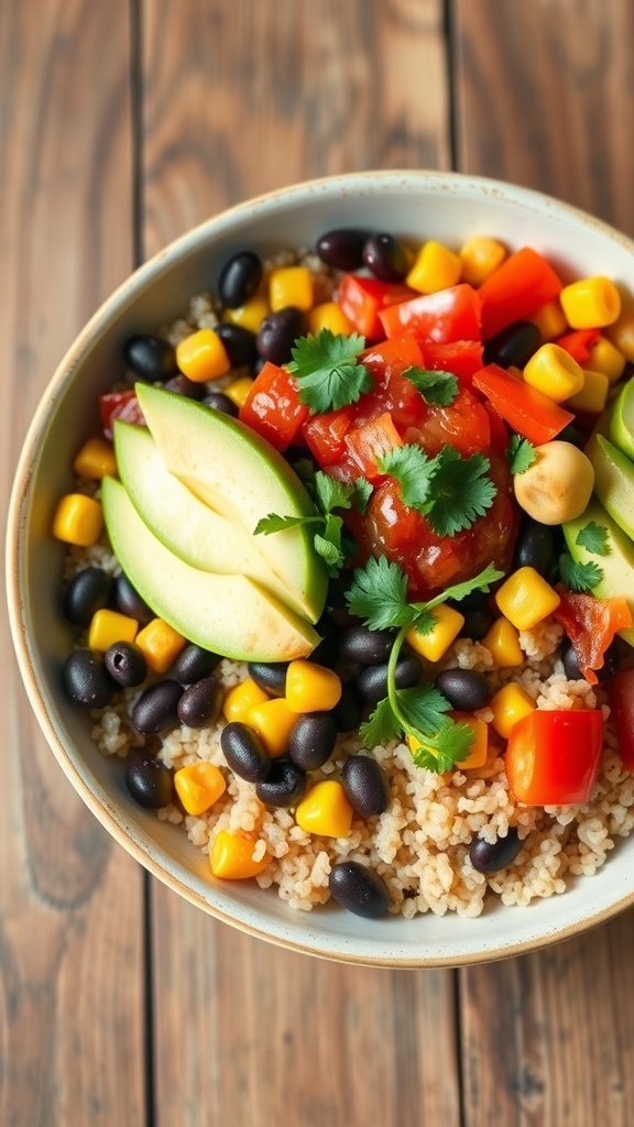 Instant Pot Quinoa Taco Bowl Recipe A colorful quinoa taco bowl with black beans, corn, bell peppers, and avocado, garnished with cilantro and salsa.